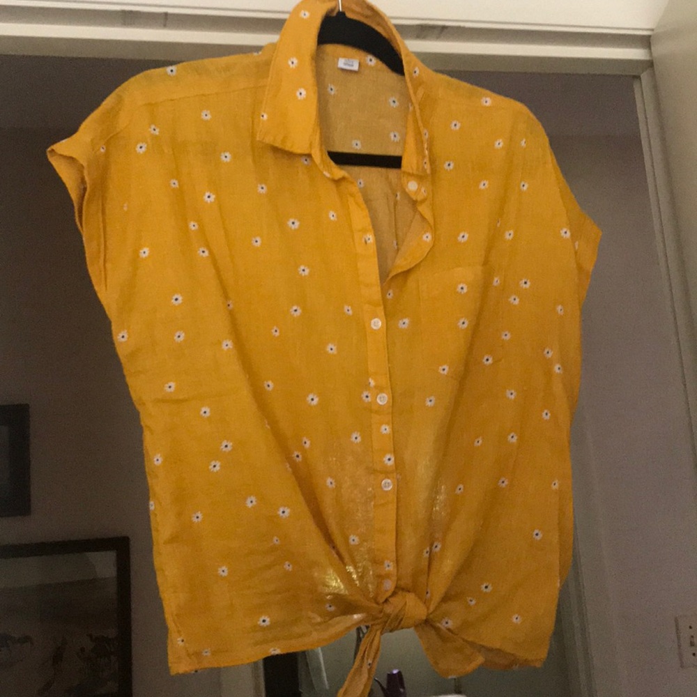 Linen blend button up tie hem top petite L